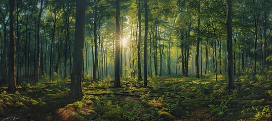 Fototapeta premium Sunbeams Filtering Through a Lush Forest