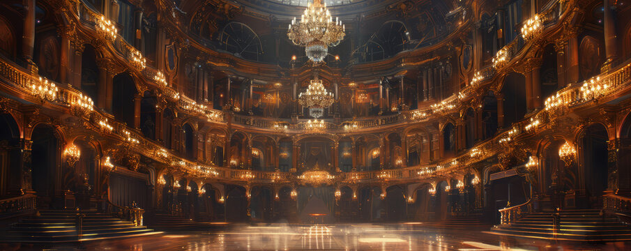 A classic oil painting of a grand opera house, its opulent interior illuminated by chandeliers and filled with the sounds of music and applause.