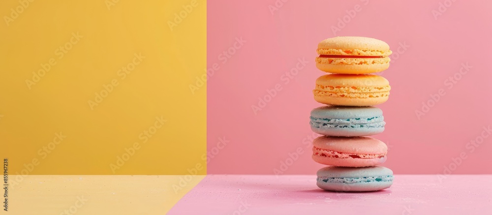 Poster macaroon on pastel background food isolated cake color. copy space image. place for adding text and 