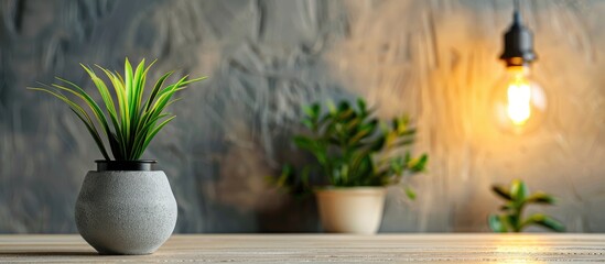 Fototapeta premium Decoration objects for home interiors, pot with a plastic plant and an LED bulb, lighting surrounded by a lozenge-shaped iron. Copy space image. Place for adding text and design