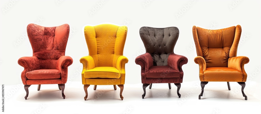 Poster four different style and color armchairs isolated on white background. series of furniture. copy spa