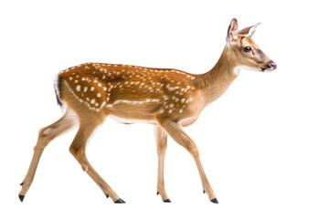 Side view of a young deer with spots on its back walking gracefully on a transparent background. © Rattanathip