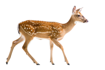 Side view of a young deer with spots on its back walking gracefully on a transparent background.