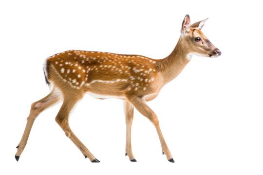 Side view of a young deer with spots on its back walking gracefully on a transparent background.