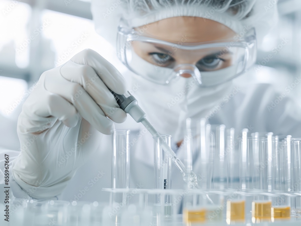 Poster precision in science - scientist using pipette to transfer liquid into test tubes with gloved hands