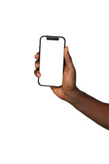 Hand holding Smartphone iPhone 14 pro as png photo and isolated on white background for your mobile...