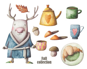 Cozy autumn elements hand painted set. Cold weather clipart collection