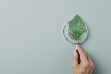 Detailed Close-up of Hand Holding Magnifying Glass Over Leaf Specimen on White Background