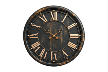 Fototapeta premium Vintage wall clock with Roman numerals, rustic design. Ideal for home decor, capturing timeless elegance and classic style in any room setting.