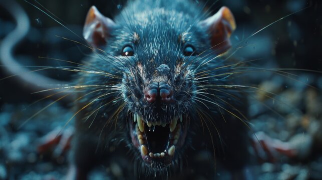 the face of a rat with an open mouth looking at the camera, close-up of a rat's scary evil face
