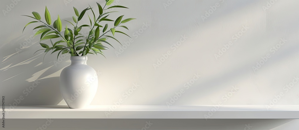 Poster white decorative vase camouflaged on white shelf. copy space image. place for adding text and design