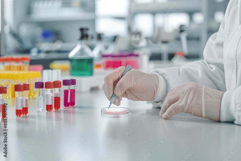 Aufkleber precision in science - biologist's hand placing sample on slide with lab equipment in background