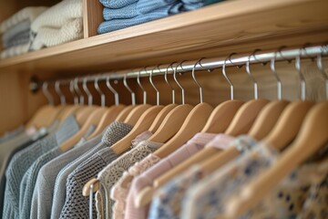 Obraz premium A closet full of clothes with a blue and white shirt hanging on the wardrobe