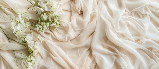 Beautiful white and lush wedding dress lying on the bed pastel background. Copy space image. Place for adding text and design