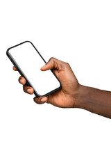 Close up of a black hand using mobile smart phone,hand holding a mobile phone. Transparent...