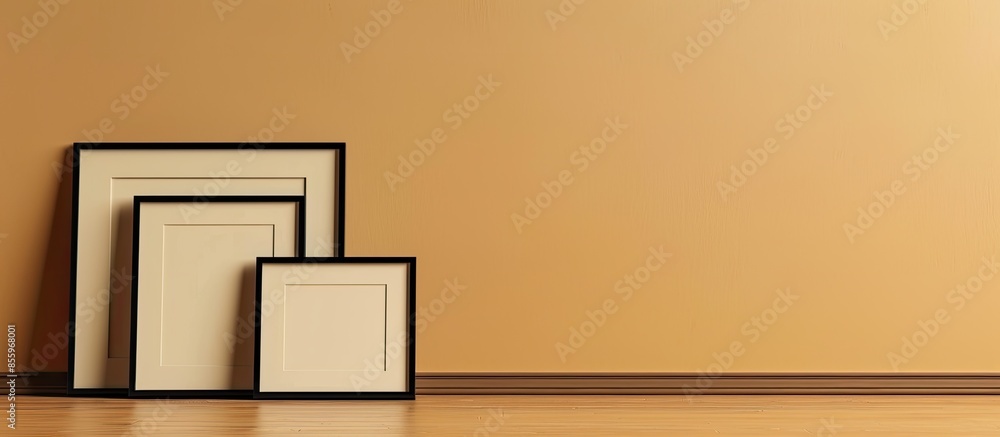 Poster photo frames on table on beige background. copy space image. place for adding text and design