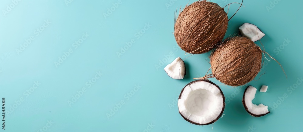 Aufkleber whole coconut and coconut slice on blue table pastel background. copy space image. place for adding 