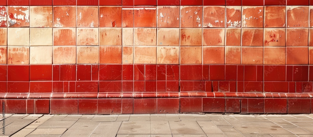 Wall mural lined with red-tiled part of the wall of the building for its protection and decoration. Copy space image. Place for adding text and design