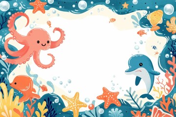 Fototapeta premium A colorful underwater scene with a frame of various sea creatures including a do