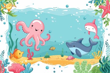 Fototapeta premium A colorful underwater scene with a frame of various sea creatures including a do
