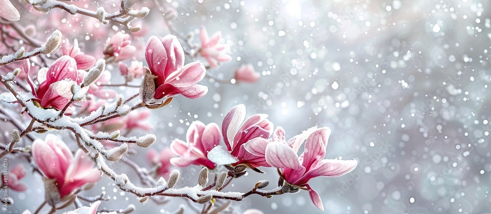 Poster magnolia blossoms covered in snow pastel background. copy space image. place for adding text and des