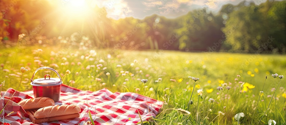 Poster Barbecue picnic on a meadow. Copy space image. Place for adding text or design