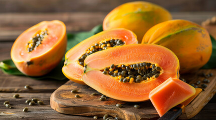 whole and sliced papayas on a wooden cutting board, capturing the preparation process