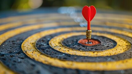 Red dart is sitting in the center of a circle. Concept of focus and determination, as the red dart represents a goal or target
