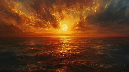 The setting sun paints the sky with a fiery glow illuminating the horizon with a passionate golden light to signify the close of the day in a stunning natural spectacle