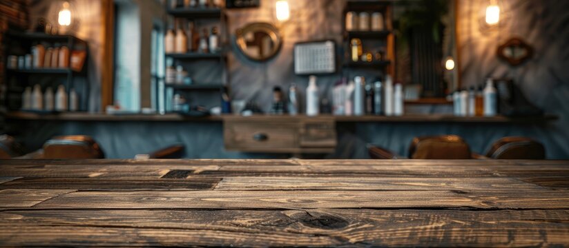 Wooden table background with blurred barber shop view. Empty space for decoration and advertising products. Copy space image. Place for adding text and design
