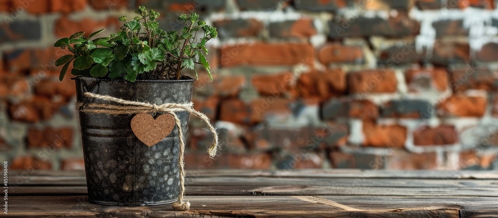 Poster small bucket with little plant, jute string and heart pattern on wooden table near brick wall. copy 