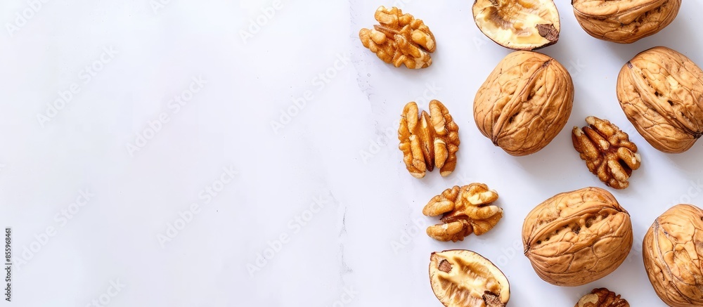 Poster walnut on a white scene pastel background design food. copy space image. place for adding text and d