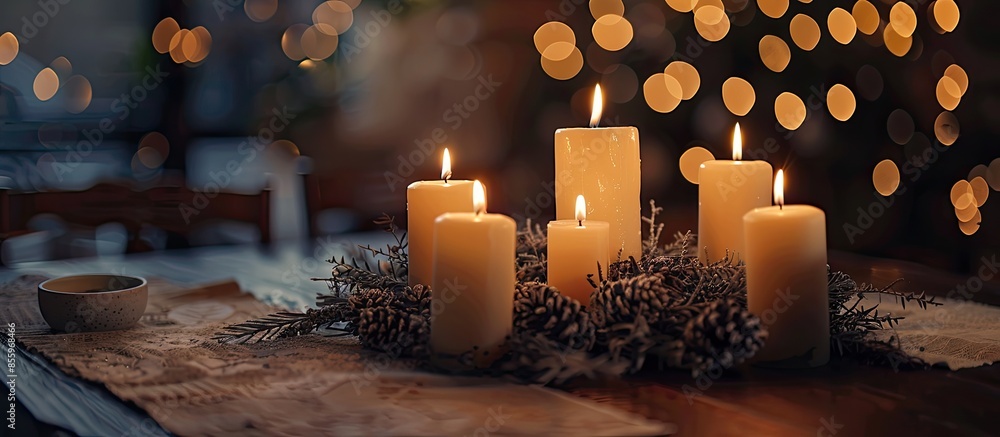 Poster new year's setting table with burning candles. copy space image. place for adding text and design