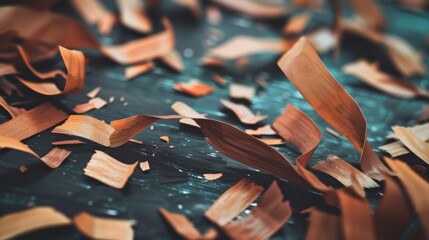 A pile of wood chips on a table with some pieces missing, AI