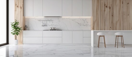 Modern and minimalist kitchen with white furniture, wooden elements and marble floor and wall. Copy space image. Place for adding text or design