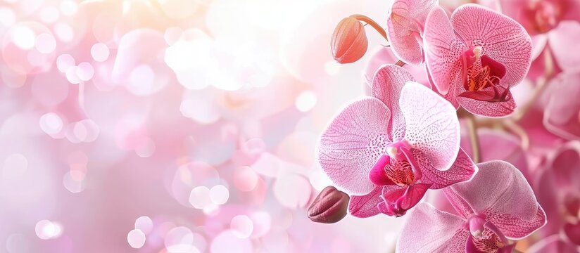 Different types of orchid and its beauty pastel background. Copy space image. Place for adding text and design