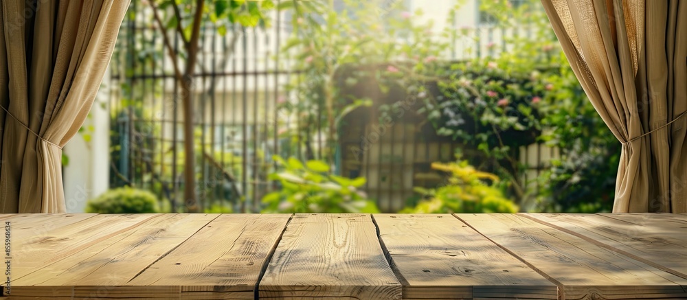 Poster empty of wood table top on blur of curtain with window view green from tree garden background.for mo