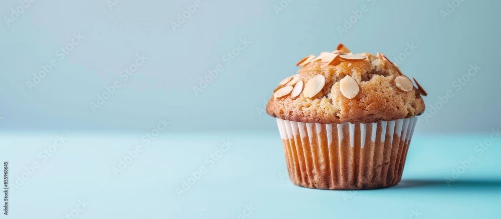 Poster a vanilla muffin with almond nuts isolated on pastel background. copy space image. place for adding 