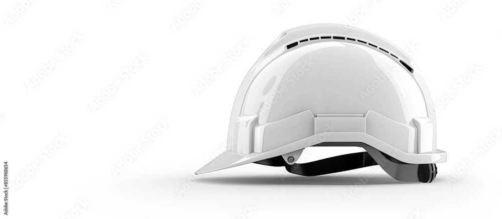 Poster side view of a new white safety helmet isolated on white background. clipping path. copy space image