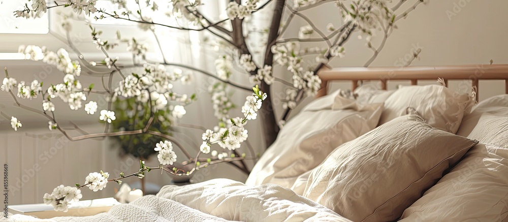 Poster cozy bed with many pillows and blooming tree branches on bedside table. copy space image. place for 
