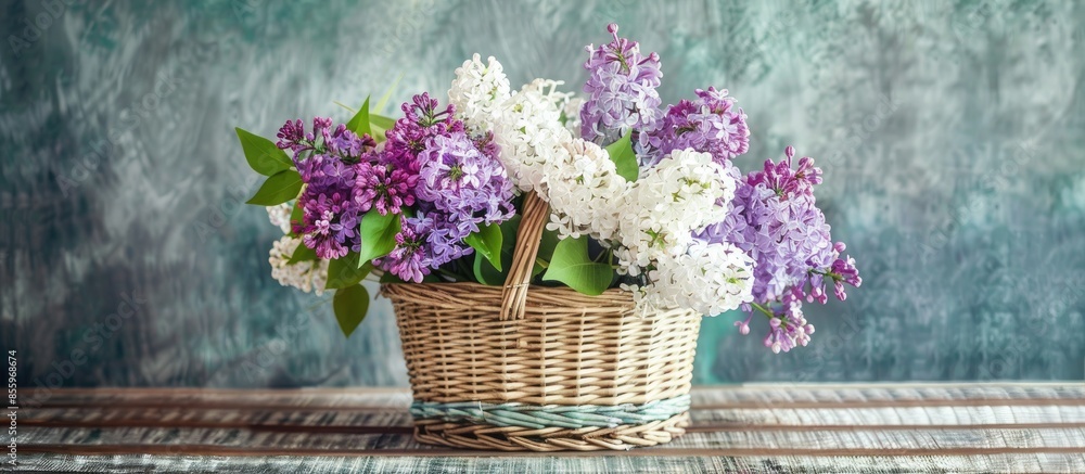 Poster bouquet of white and purple lilac flowers in wicker basket on ta. copy space image. place for adding