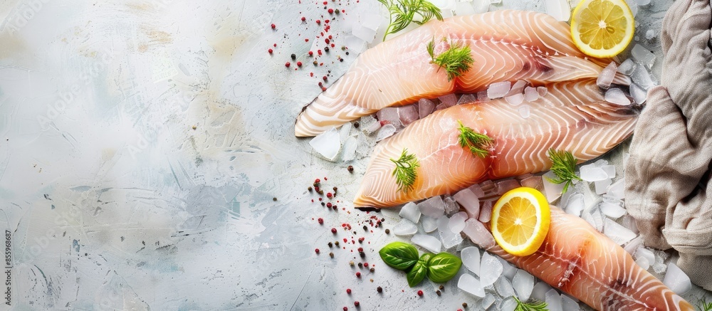 Poster raw pangasius fillet fish for cooking pastel background. copy space image. place for adding text and