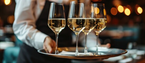 Waiter serving champagne glasses on a tray in a restaurant. Copy space image. Place for adding text and design