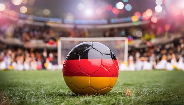 Nahaufnahme eines Fussballs in den Farben der Deutschlandflagge. Schwarz, Rot, Gold.