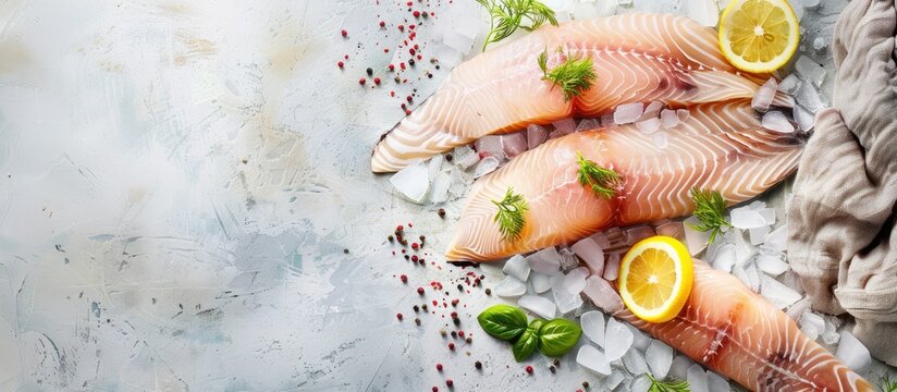 Raw pangasius fillet fish for cooking pastel background. Copy space image. Place for adding text and design