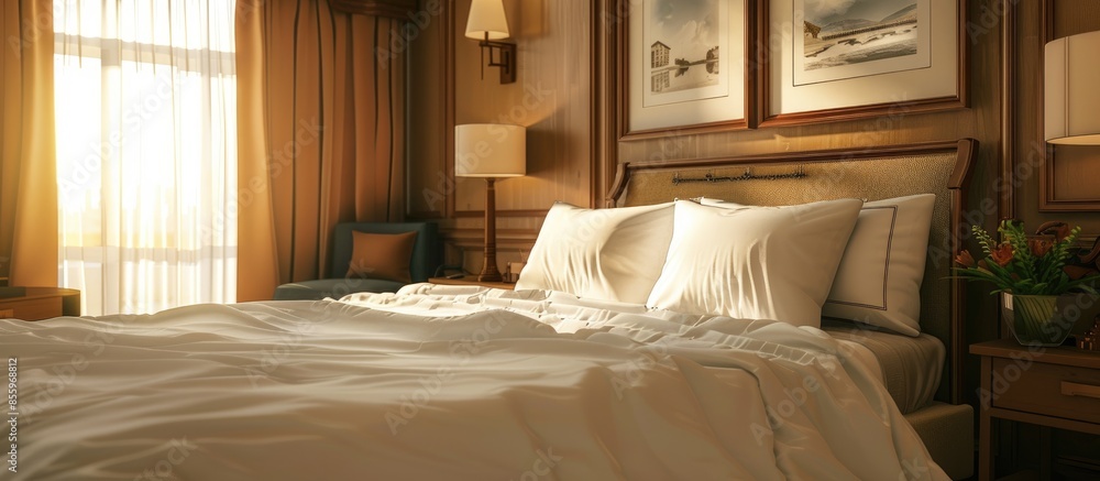 Poster bed room in a hotel. copy space image. place for adding text and design