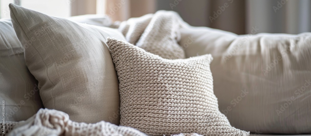 Poster throw cushion cotton knitted textile. copy space image. place for adding text and design