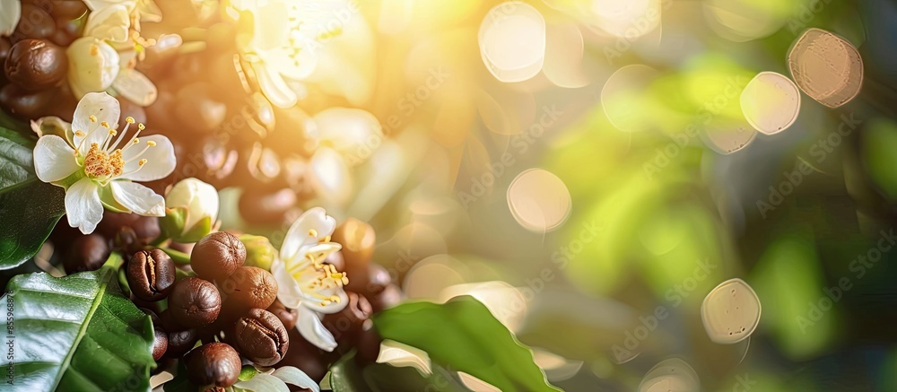 Poster mix of coffee beans and coffee tree blossom for background. copy space image. place for adding text 