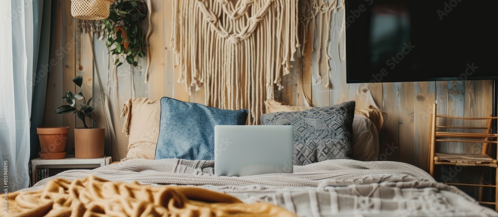 Aufkleber macrame hanging over bed with laptop in bedroom. copy space image. place for adding text and design