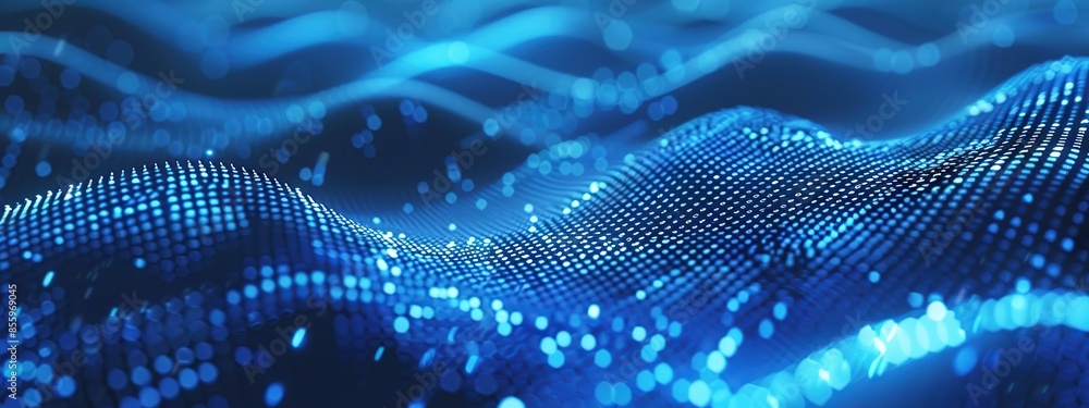Poster futuristic wave of blue dots for advanced digital data processing concept